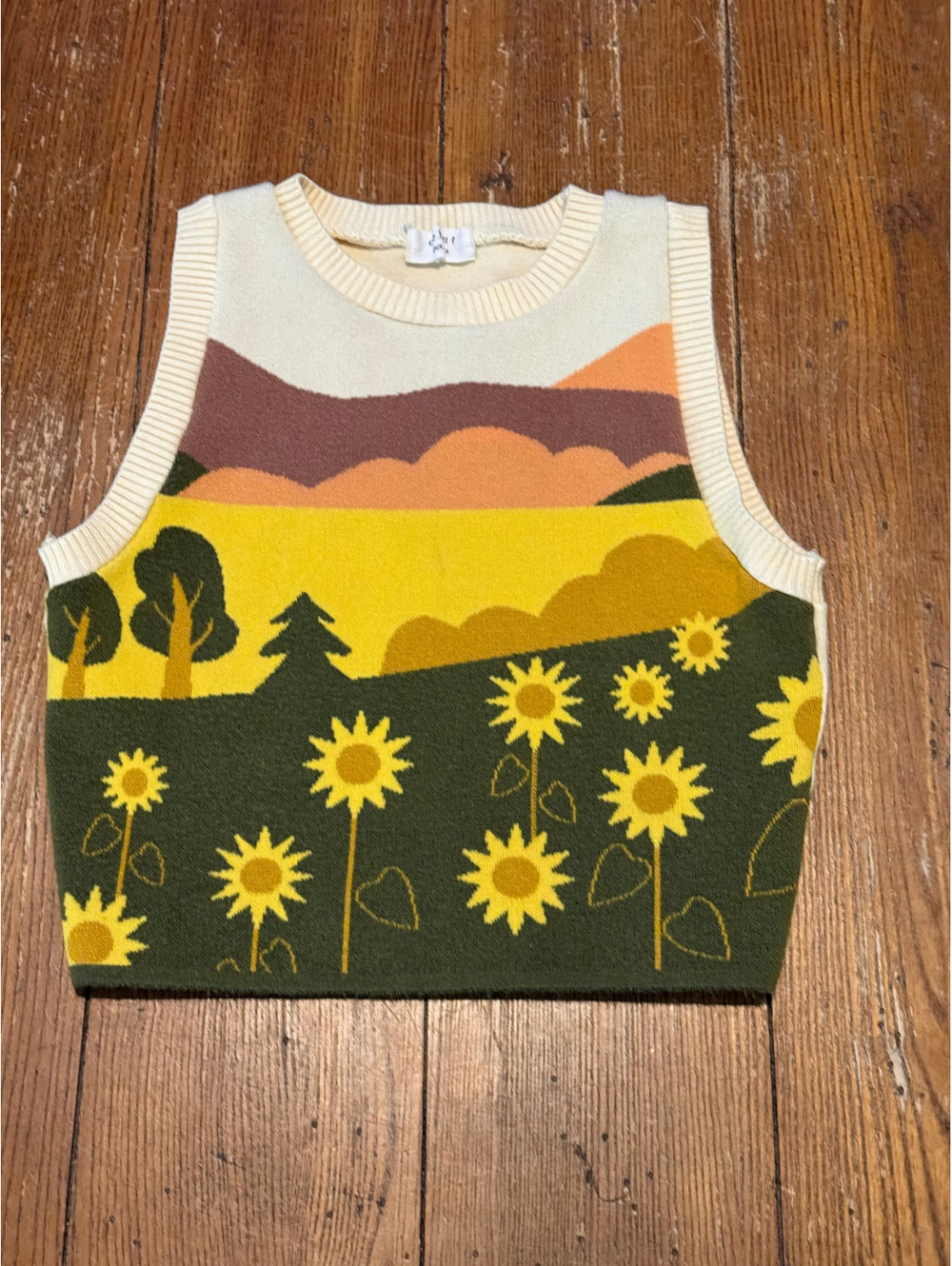 Vintage De Blanc Sunflower Landscape Knit Crop Top Made in USA Retro 70s Style